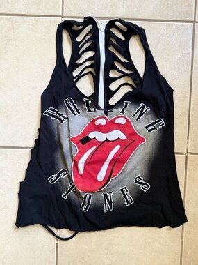 Rolling Stones Black Distressed Cutout Tank with Red Tongue Graphic